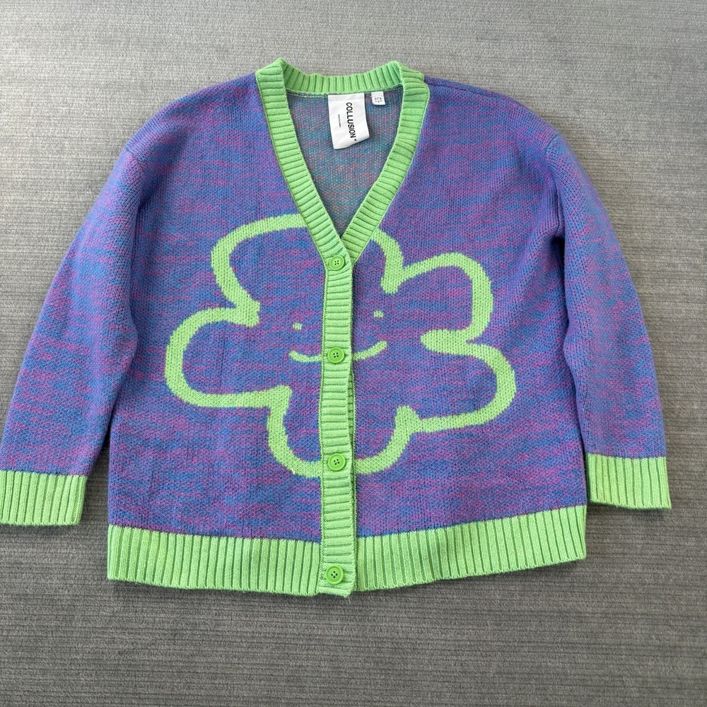 Collusion Cardigan Women US 2 Lilac Green Flower Sweater Casual Knit Grunge